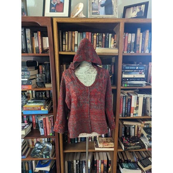 free people heavy knit hooded sweater boho hippie sz xs red and grey - Picture 1 of 7